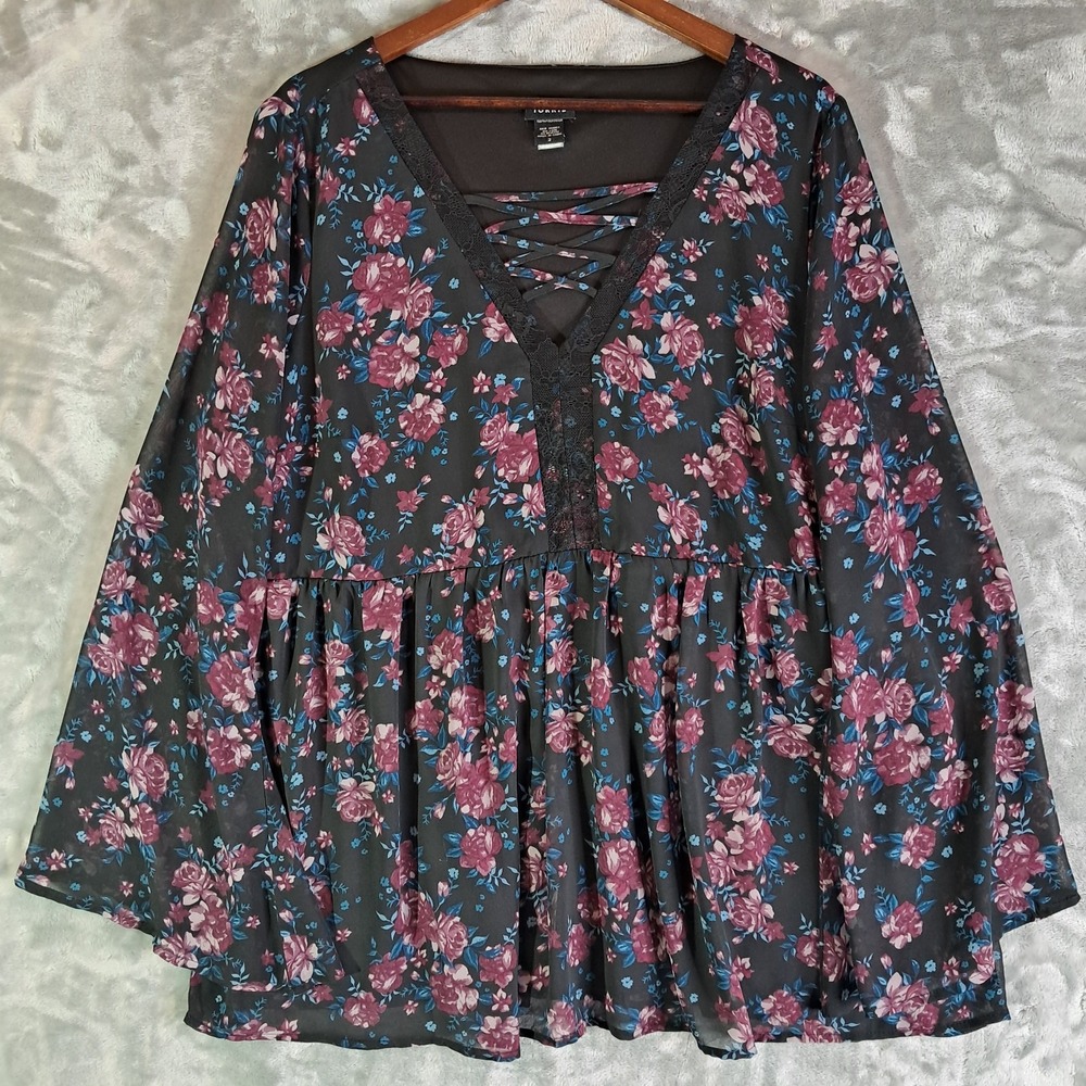 Torrid Womens 2 2X Black Floral Lattice Lace Up Chiffon Babydoll Blouse Top